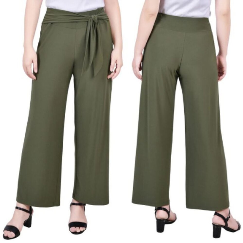 NY Collection Women's Petite Cropped Pull On Pants With Sash Oil Green PL NWT